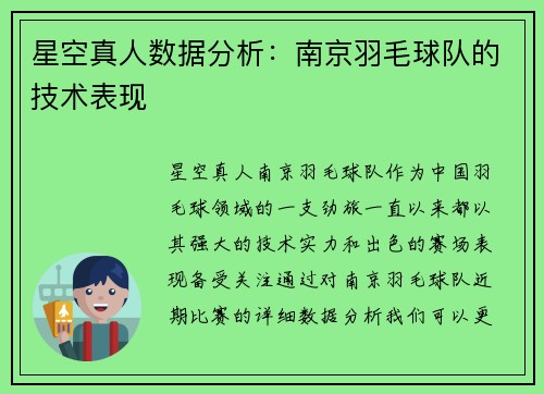 星空真人数据分析：南京羽毛球队的技术表现