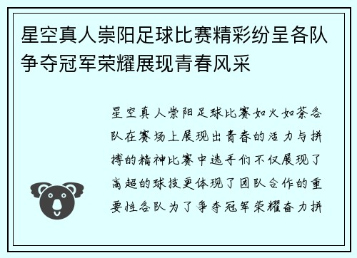 星空真人崇阳足球比赛精彩纷呈各队争夺冠军荣耀展现青春风采