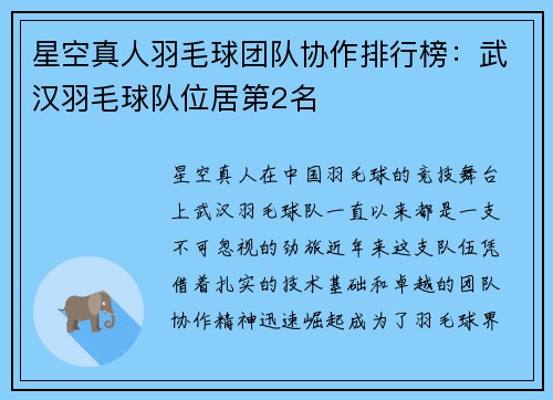 星空真人羽毛球团队协作排行榜：武汉羽毛球队位居第2名